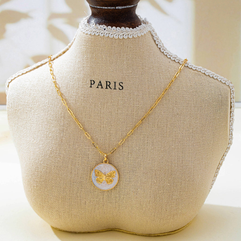 Paperclip Chain Butterfly Enamel Pendant Necklace