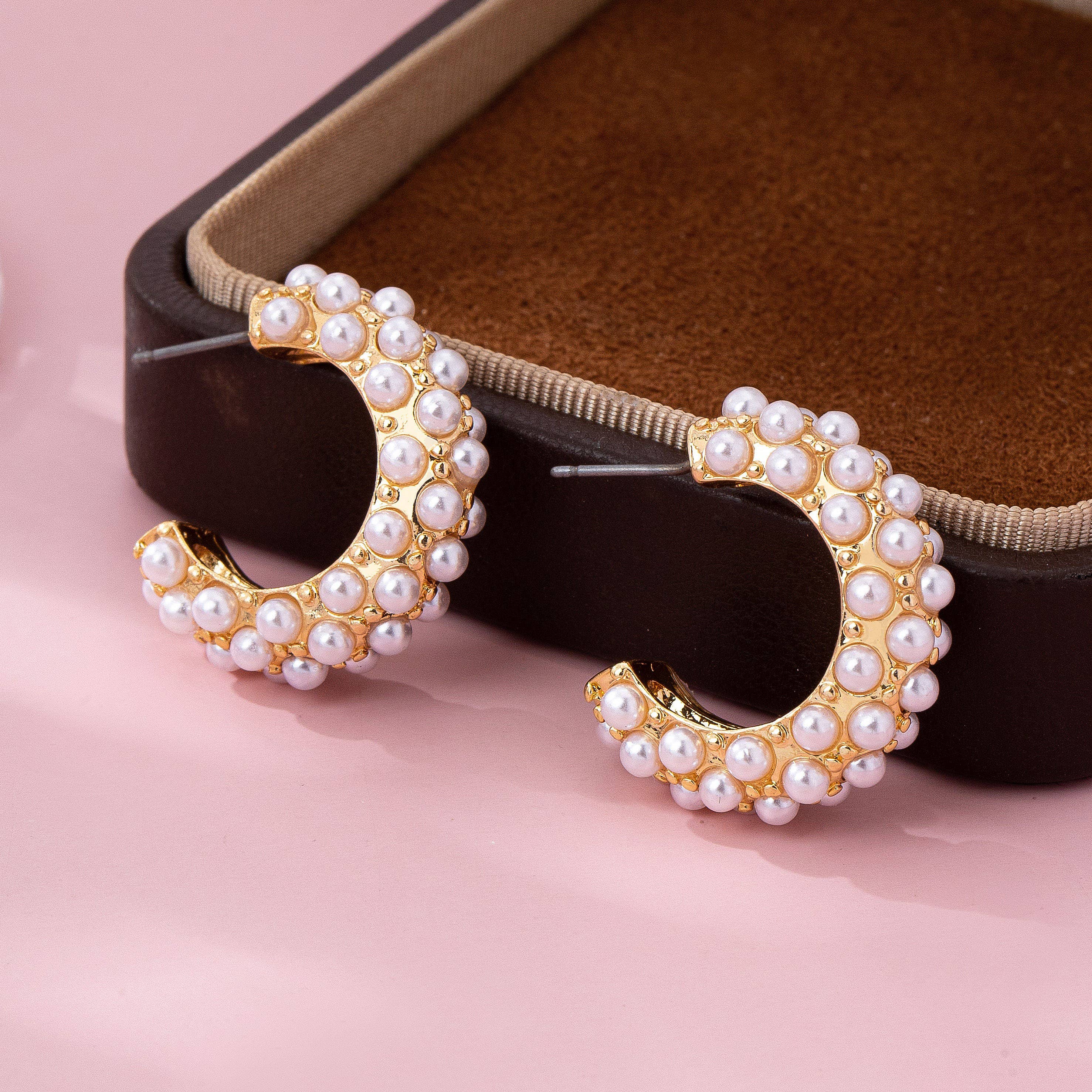 Multi Pearl C Hoop Earrings