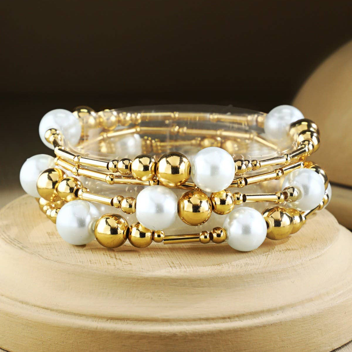 Brass Pearl Beads Stretchy Bracelet Set