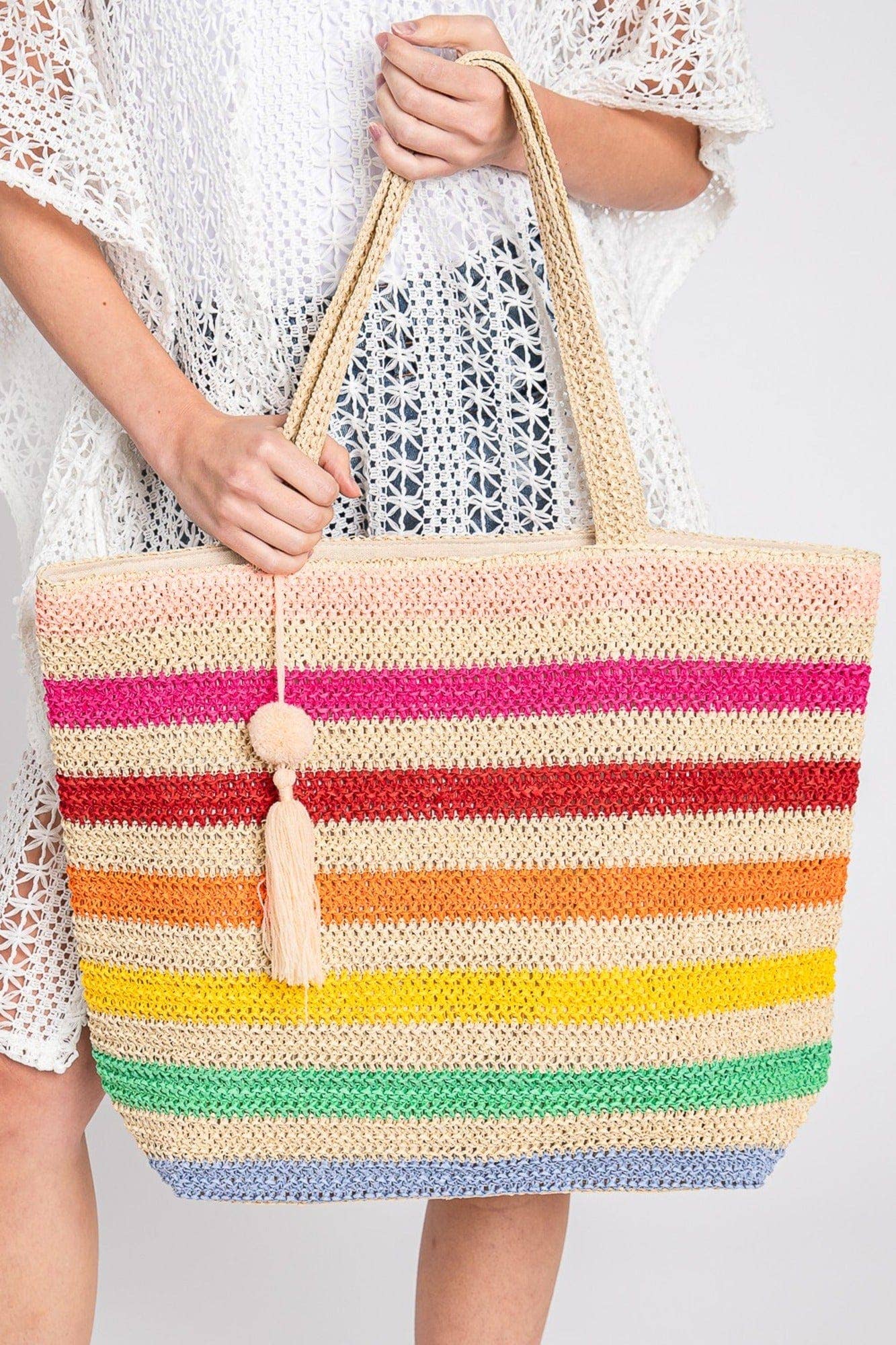 Amara Striped Crochet Women's Tote Bag with Tassel