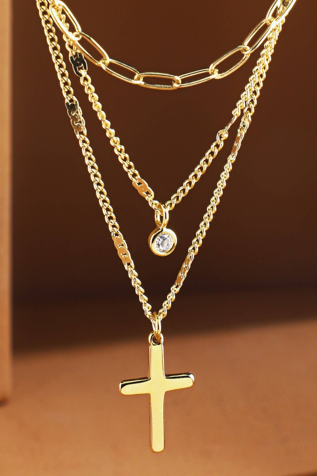 Brass Layered Cross Pendant Necklace