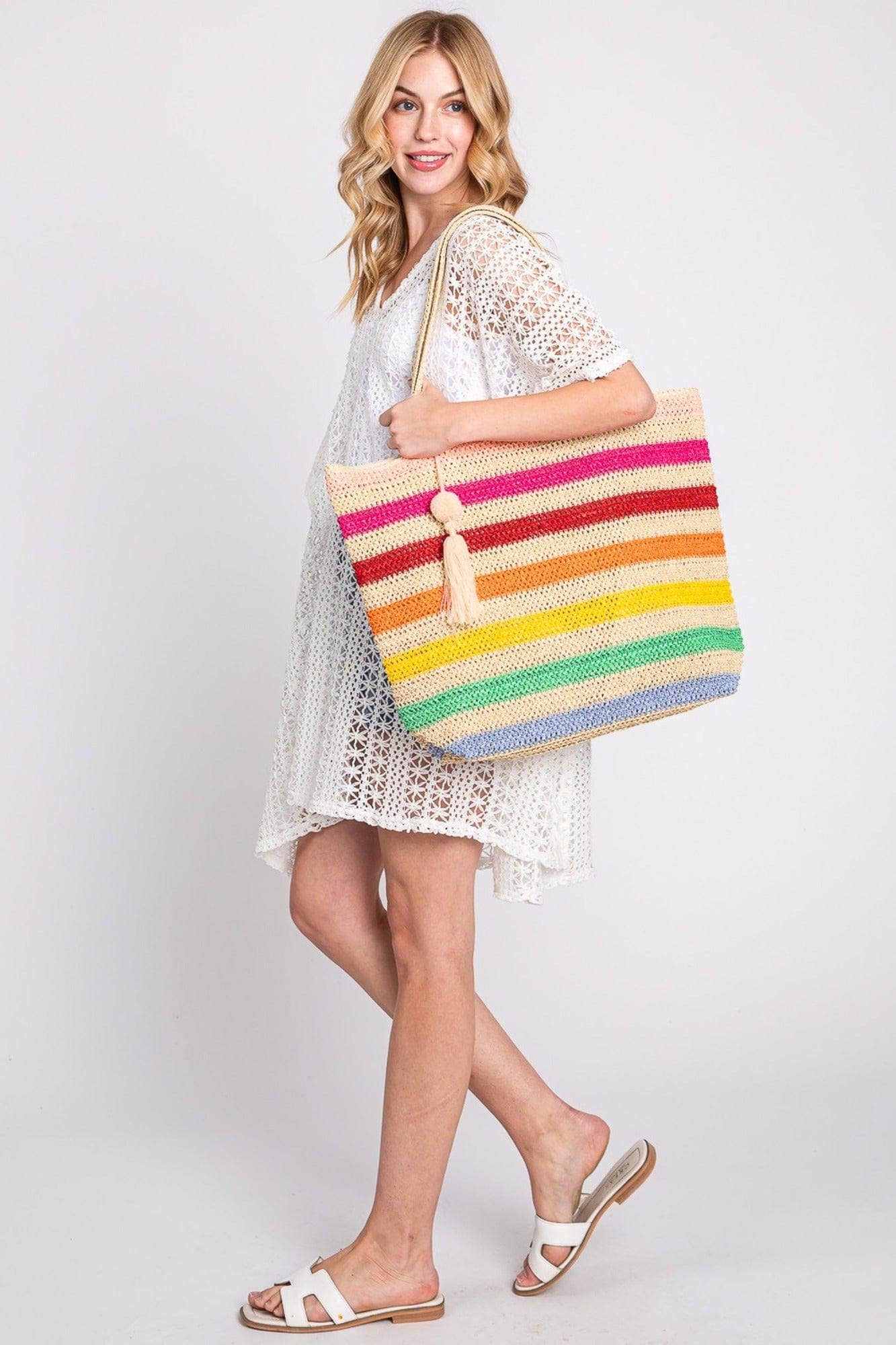 Amara Striped Crochet Women's Tote Bag with Tassel