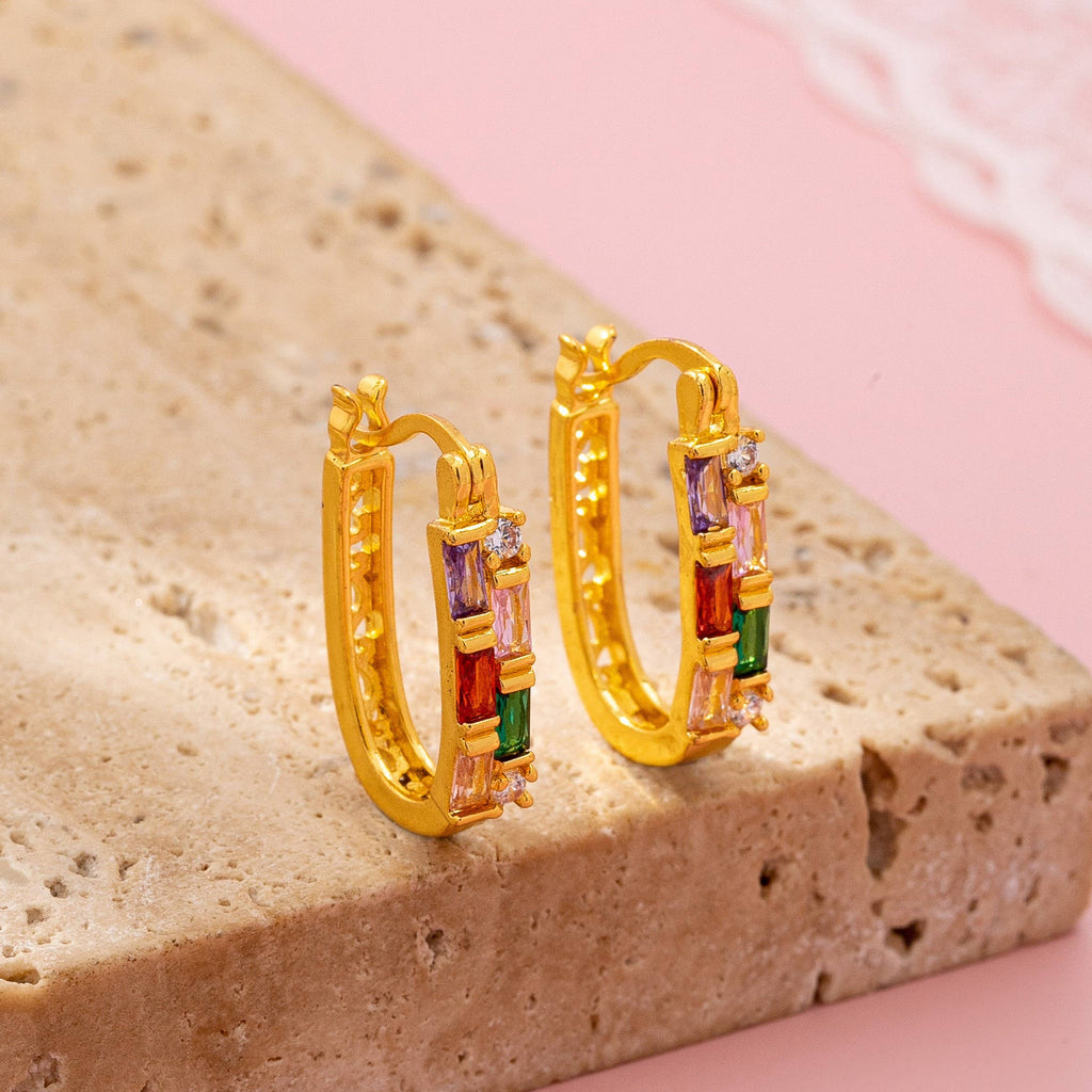 Rainbow Gemstone Bar Hoop Earrings