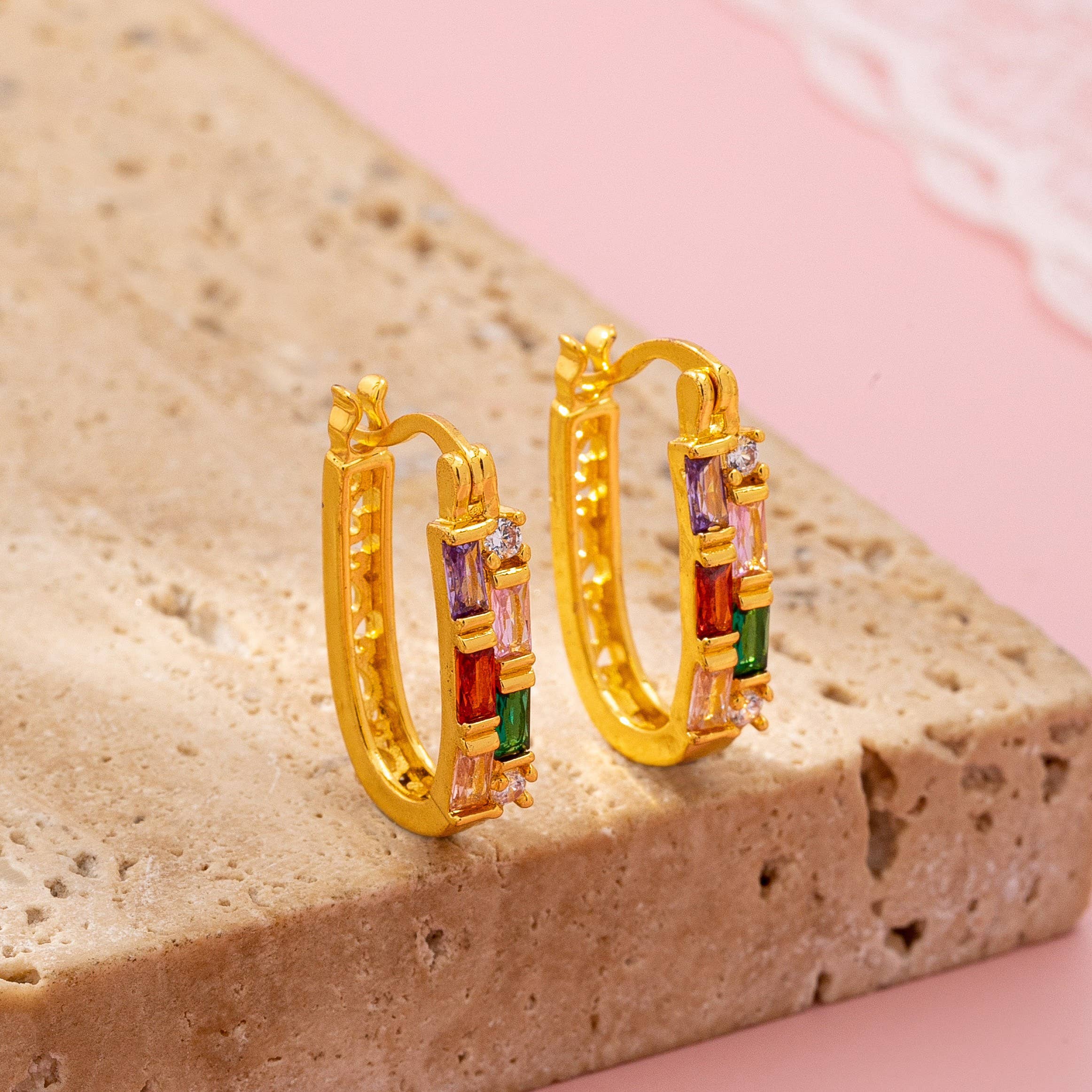Rainbow Gemstone Bar Hoop Earrings