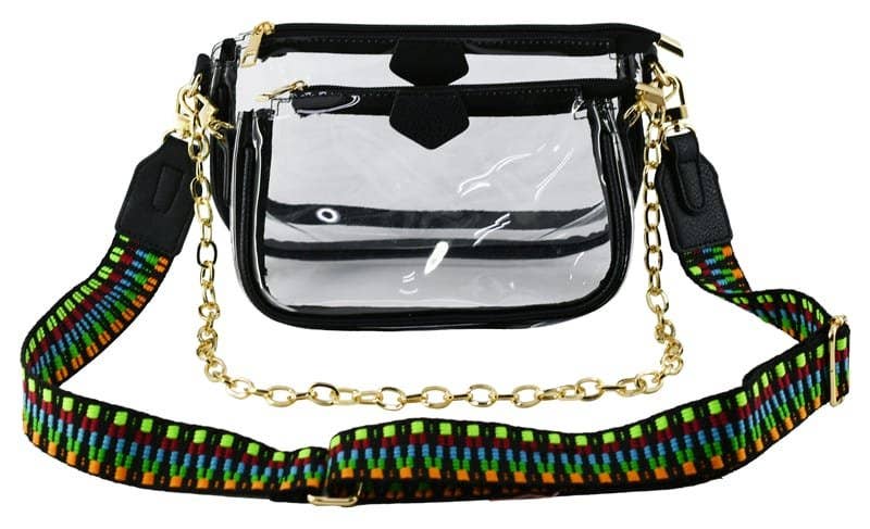 Clear Double Zip Crossbody Bag With Guitar/Chain Strap