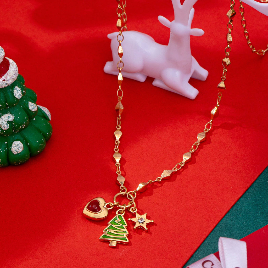 Cluster Christmas Tree and Heart Charm Necklace