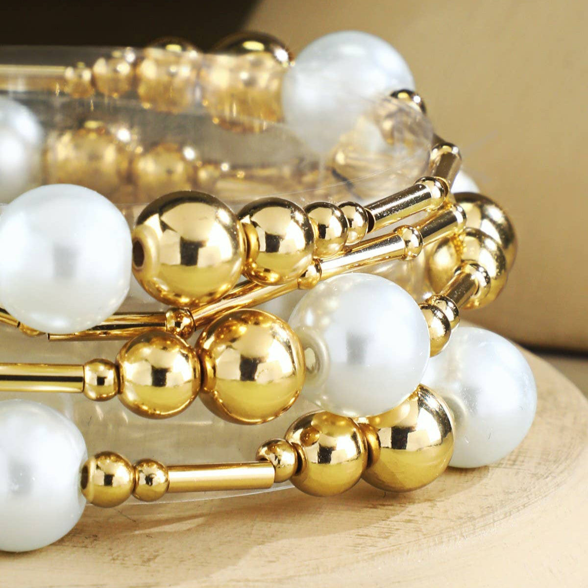 Brass Pearl Beads Stretchy Bracelet Set