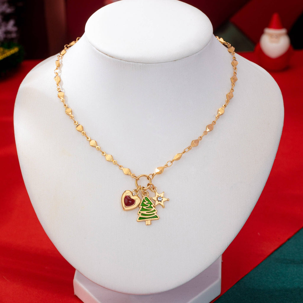 Cluster Christmas Tree and Heart Charm Necklace