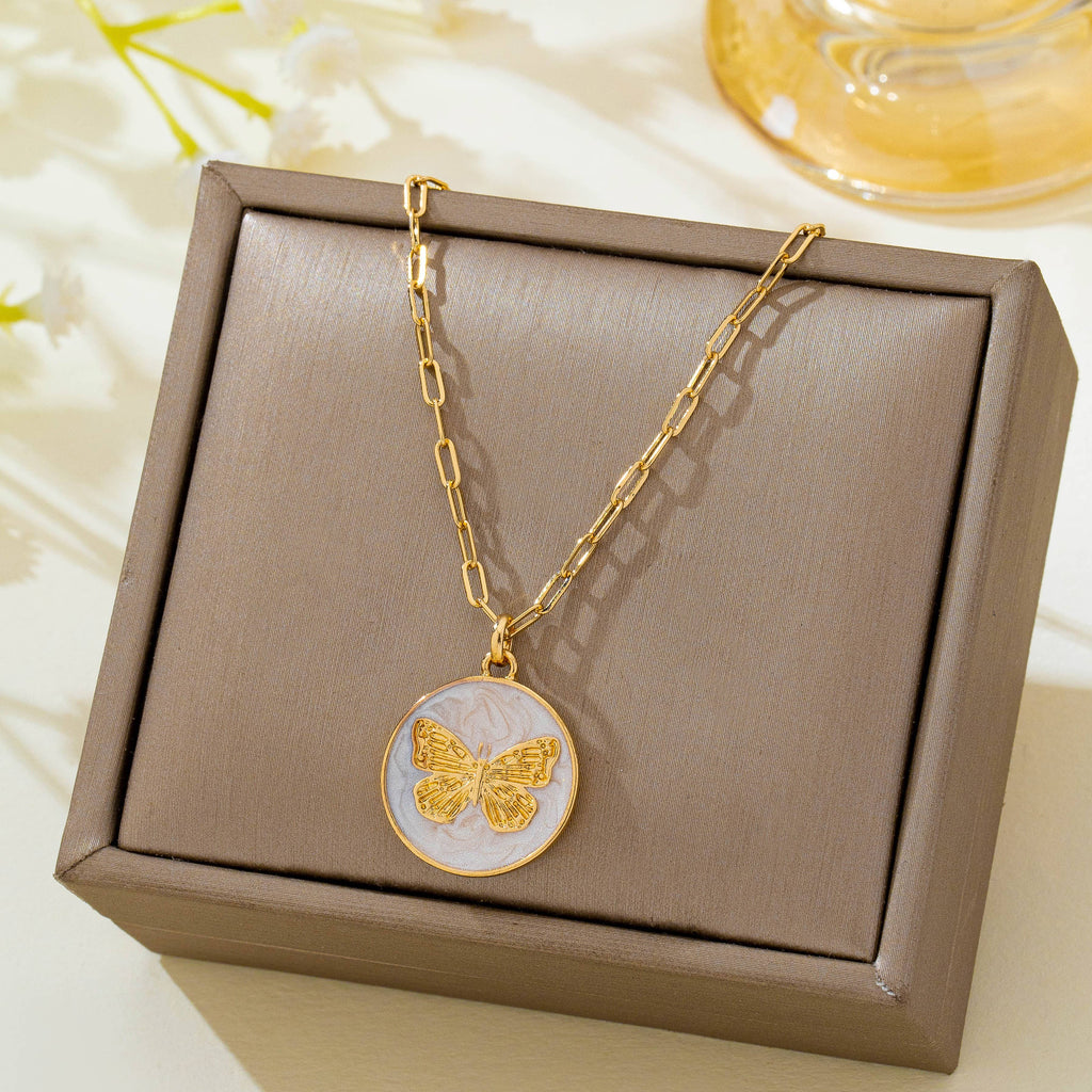 Paperclip Chain Butterfly Enamel Pendant Necklace