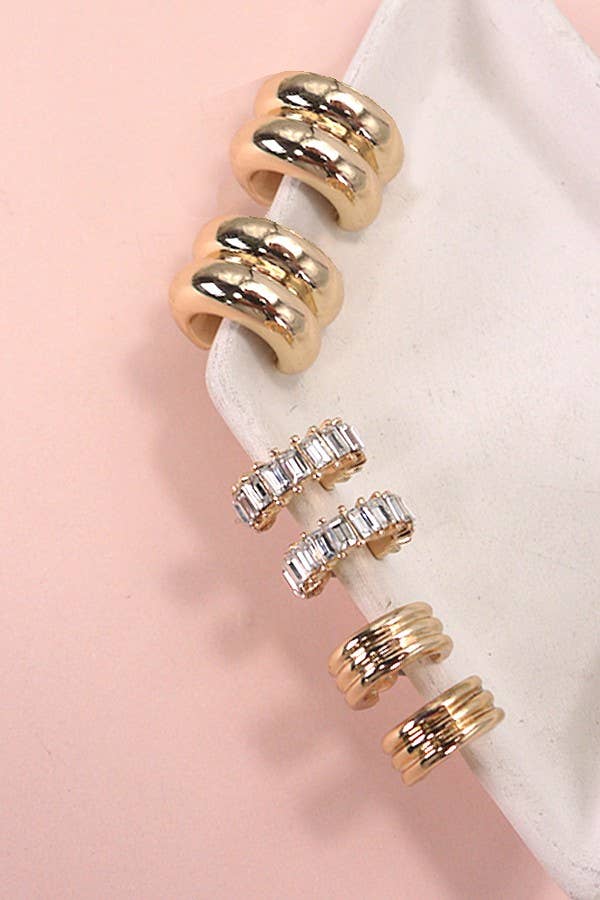 Baguette Stone Double Hoop Huggie Trio Earrings