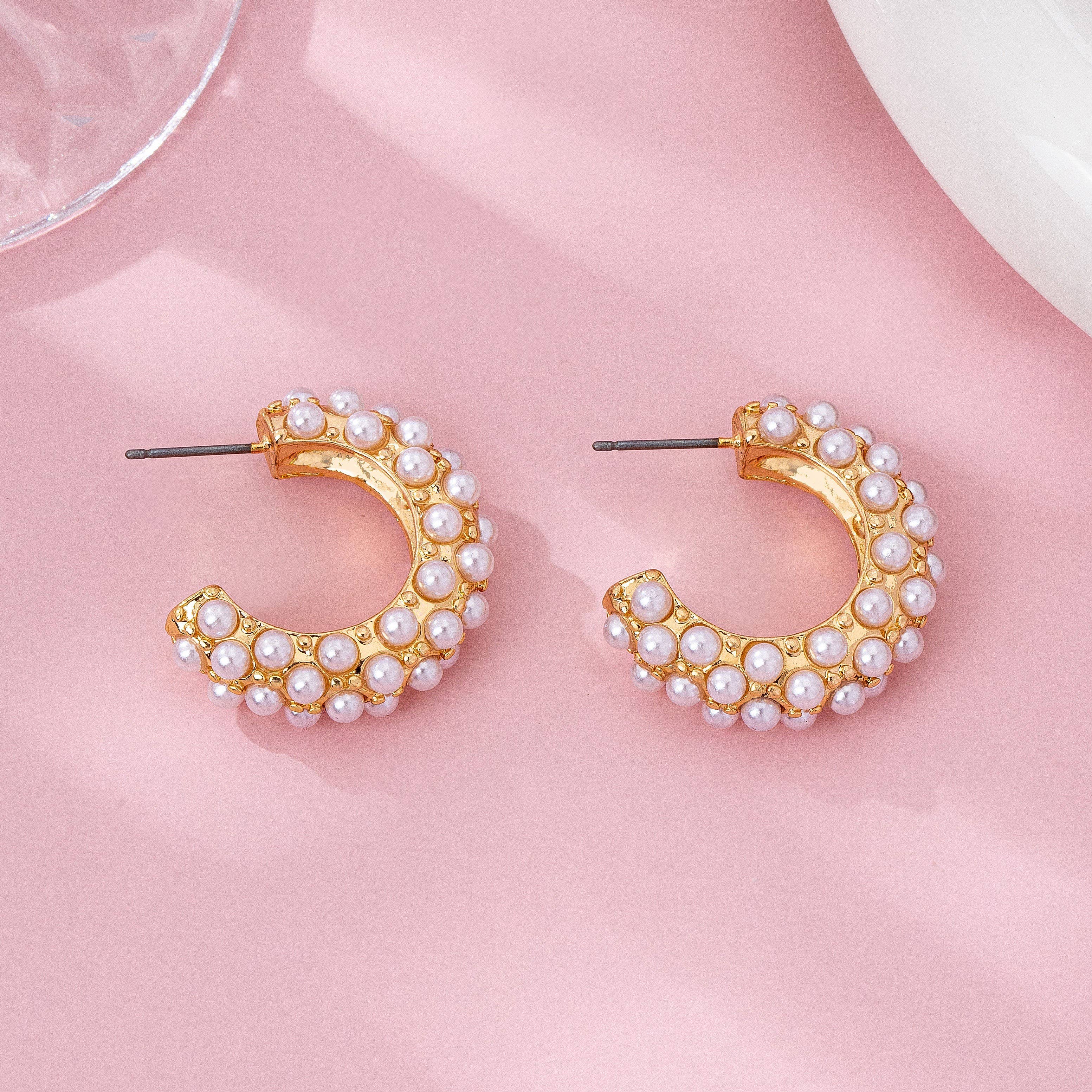 Multi Pearl C Hoop Earrings