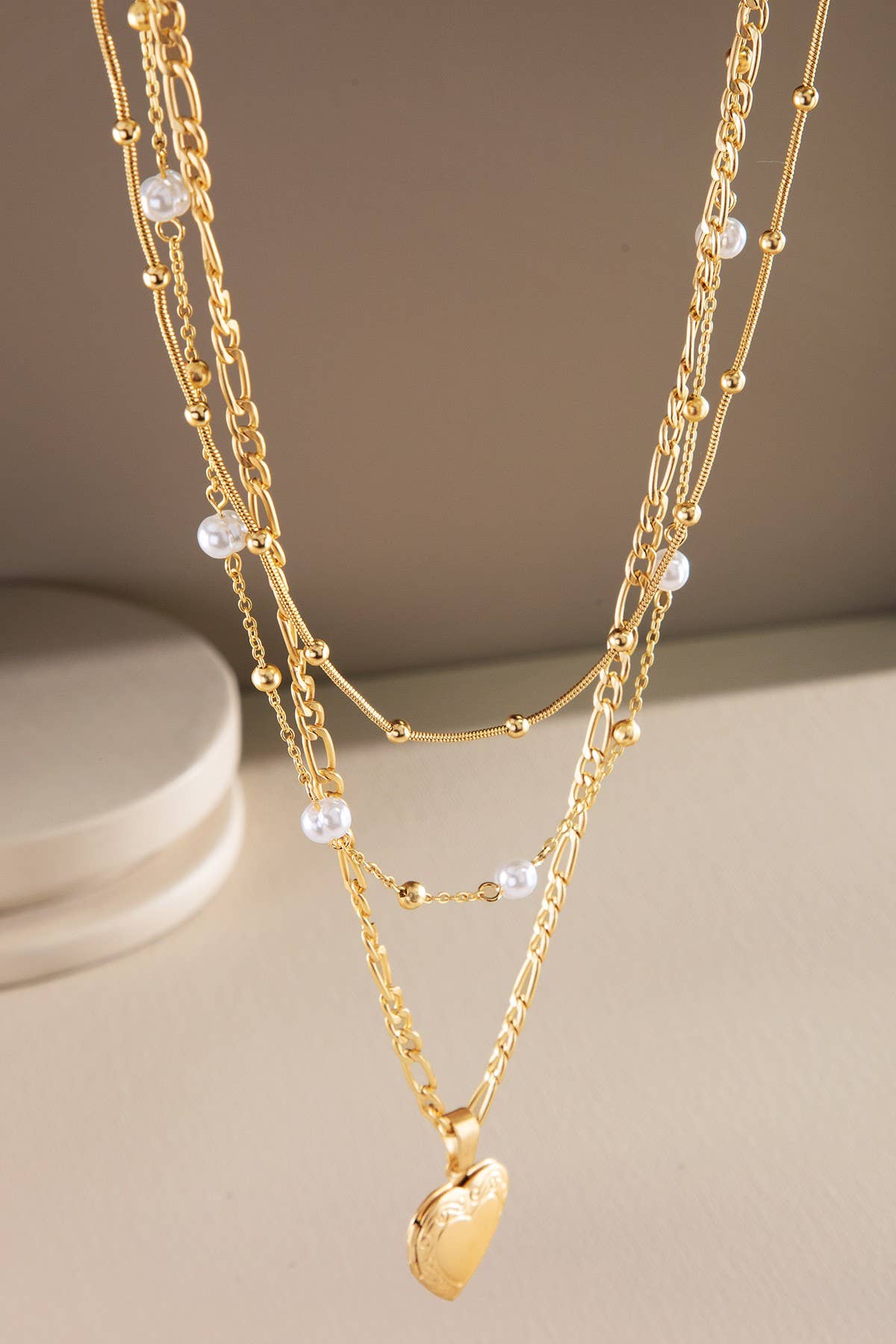 Layered Pearl & Heart Charm Necklace Set
