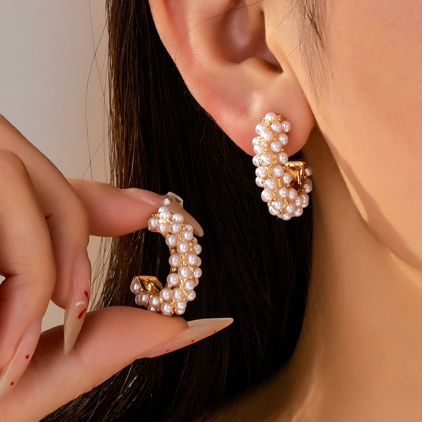Multi Pearl C Hoop Earrings