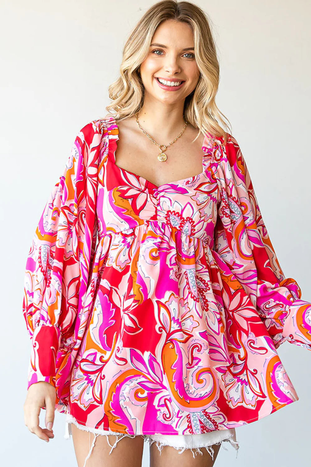 Pink Palms Peasant Blouse