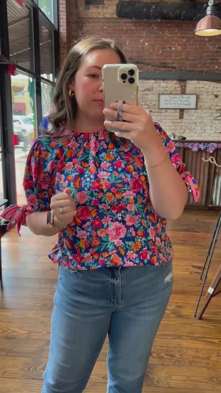 Ariana Floral Woven Blouse with Tie Sleeves